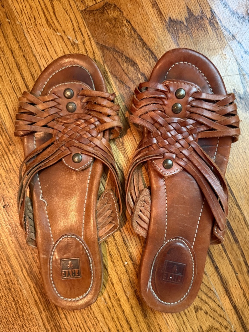 Frye Brown Woven Leather Slide Mules